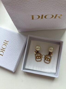 Dior Gold-tone and Cream Pearl CD Drop Earrings